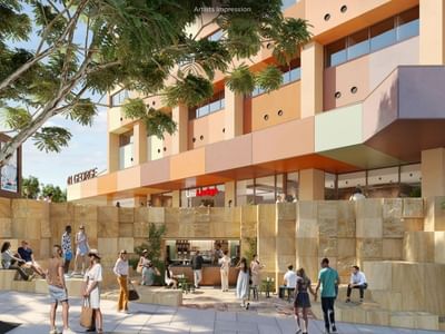 Artist's impression of UniLodge Brisbane City exterior with people around.