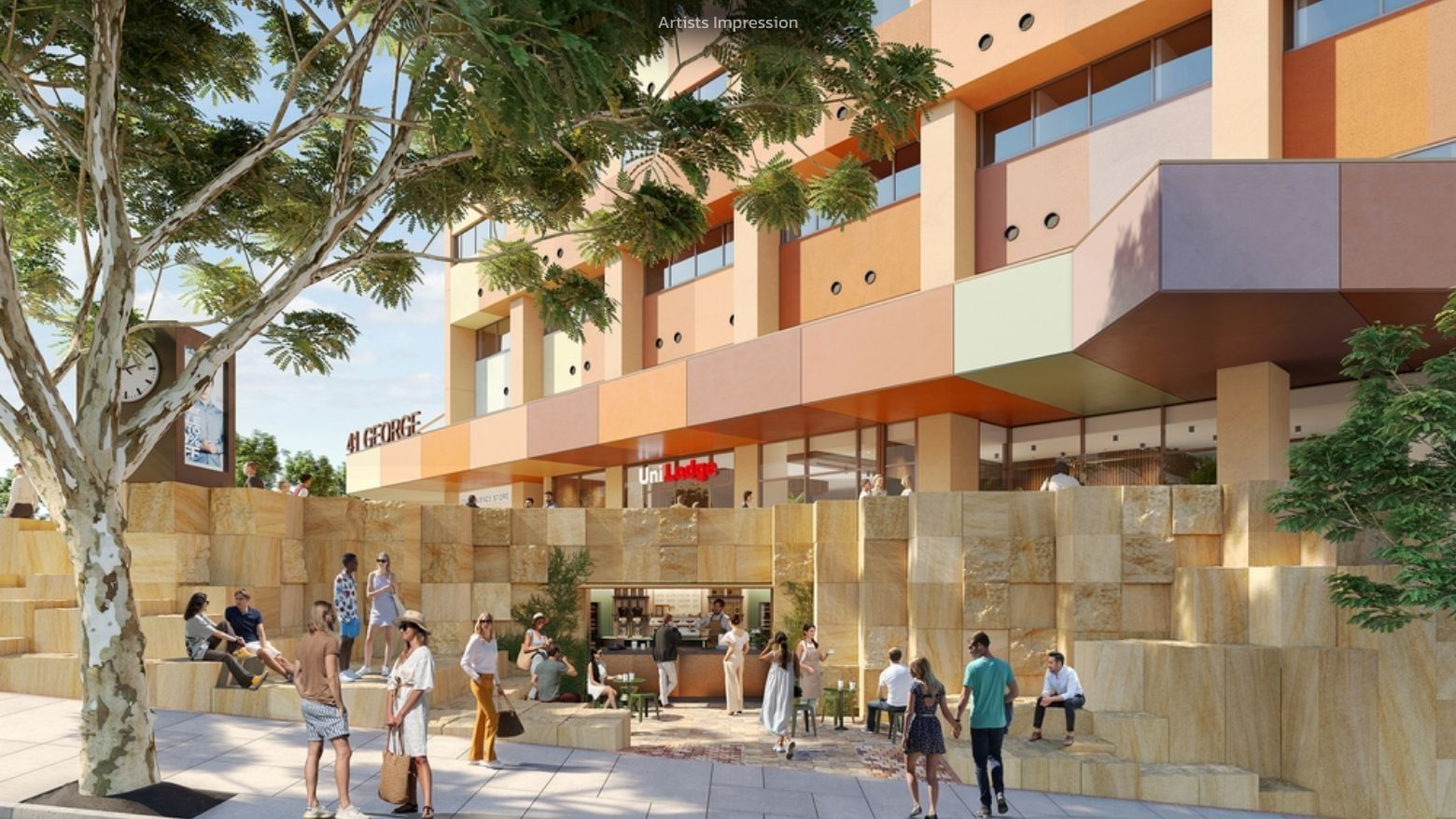 Artist's impression of UniLodge Brisbane City exterior with people around.