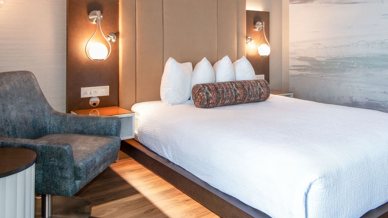 Hotel room with queen bed