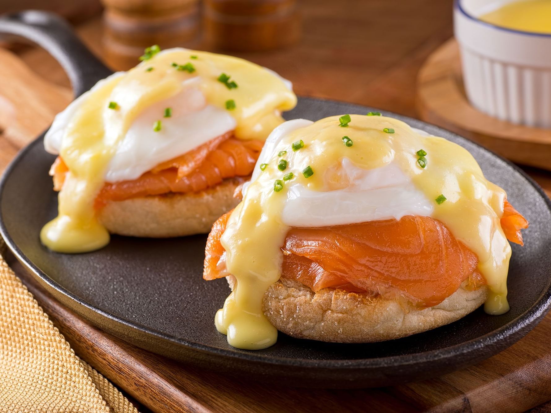 Close-up of Eggs Benedict served in the dining area at High Peaks Resort