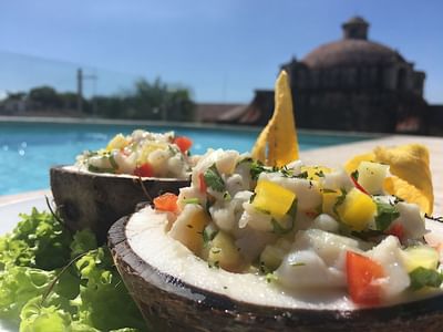 Fresh ceviche in coconut shells with plantain chips by the pool under a sunny sky at Billini Hotel Historic Luxury