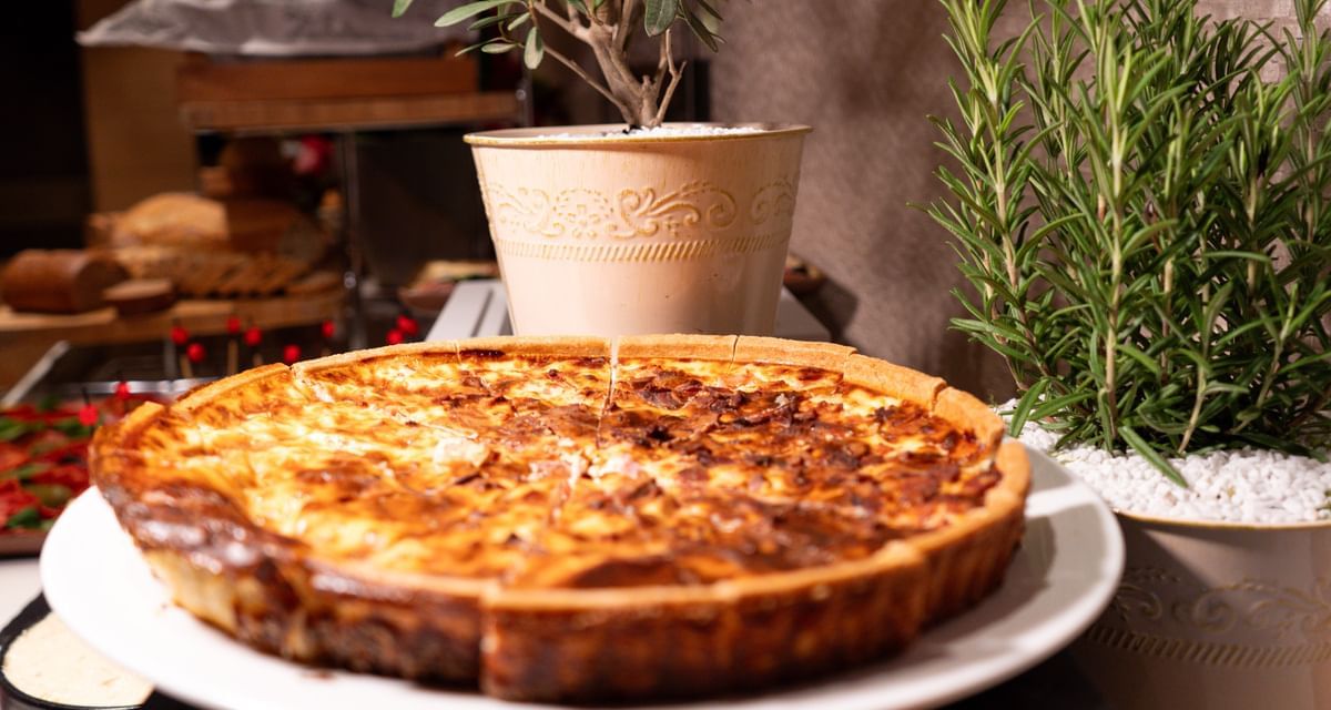 Close-up of quiche Lorraine served in Restaurant Le W