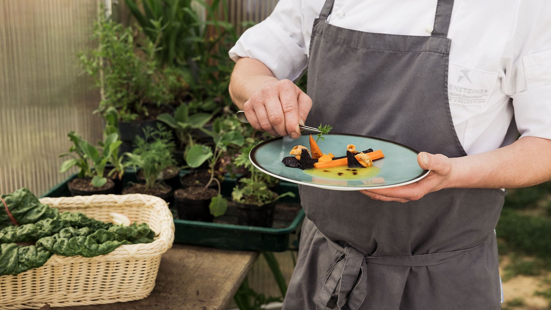 Chef in apron holds plate with vegetables and sauce, surrounded by plants and wicker basket with greens.