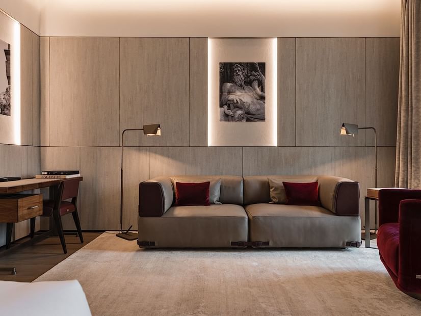 Sofa and lamps in Palazzo Suite 1 at Fendi Private Suites