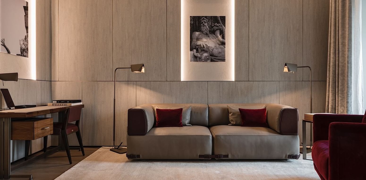 Sofa and lamps in Palazzo Suite 1 at Fendi Private Suites