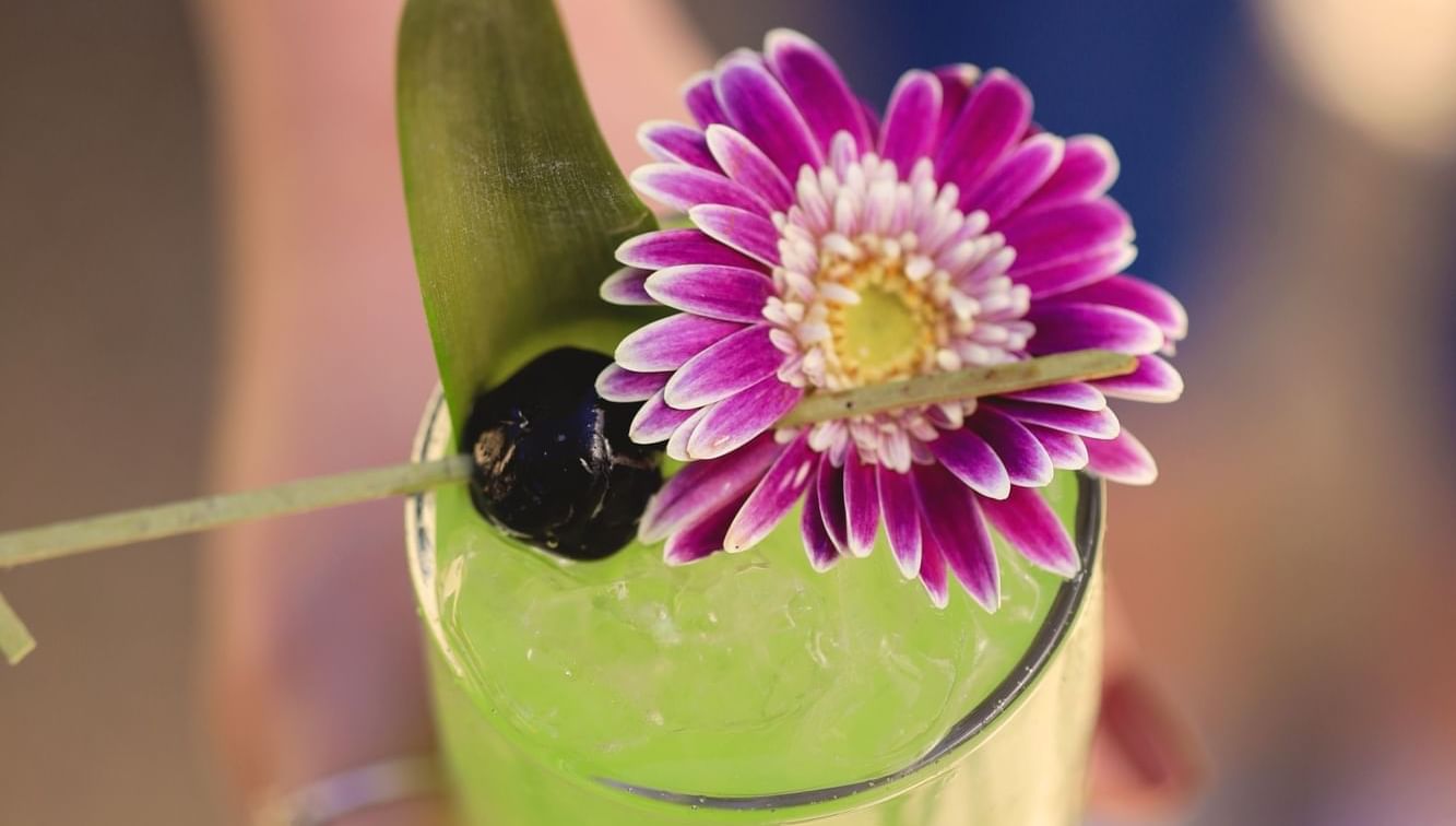A person's hand holding a clear glass filled with a bright green cocktail and a purple flower on top