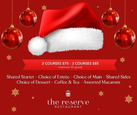 Poster of the Reserve restaurant Christmas menu flyer featuring a Santa hat used at Amora Hotel Riverwalk Melbourne