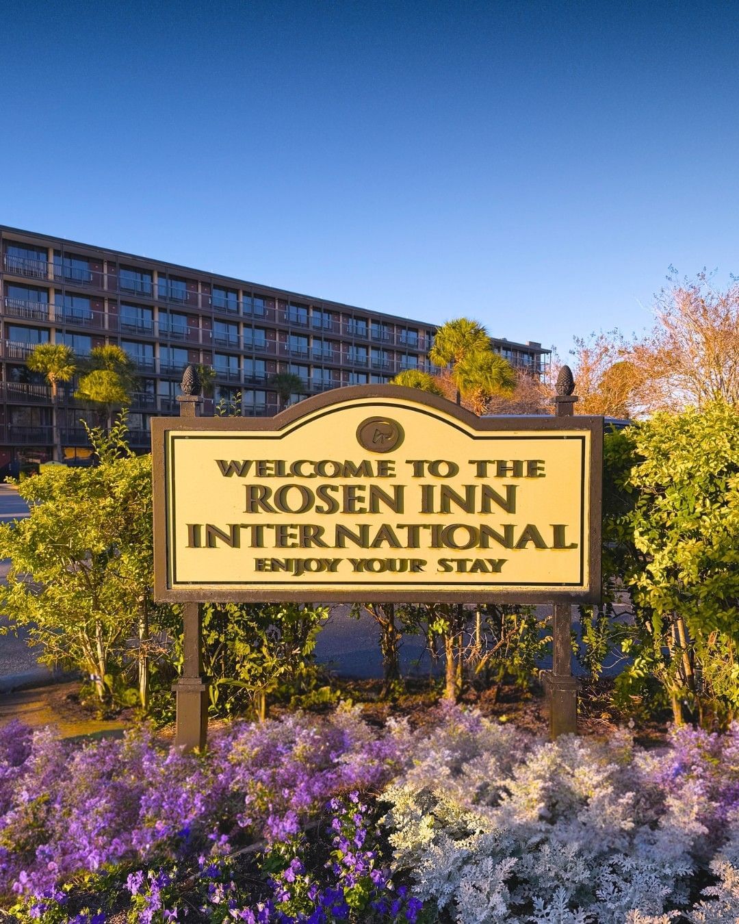 A sign reading Welcome to the Rosen Inn International, Enjoy Your stay, glowing in sunset light and surrounded by landscaping.
