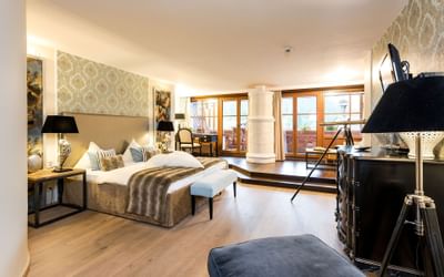 Bedroom interior in Comfort Suite at Hotel Liebes Rot Flueh