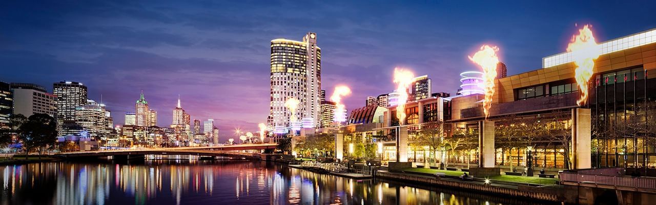 Night Crown towers & complex exterior at Crown Hotel Melbourne