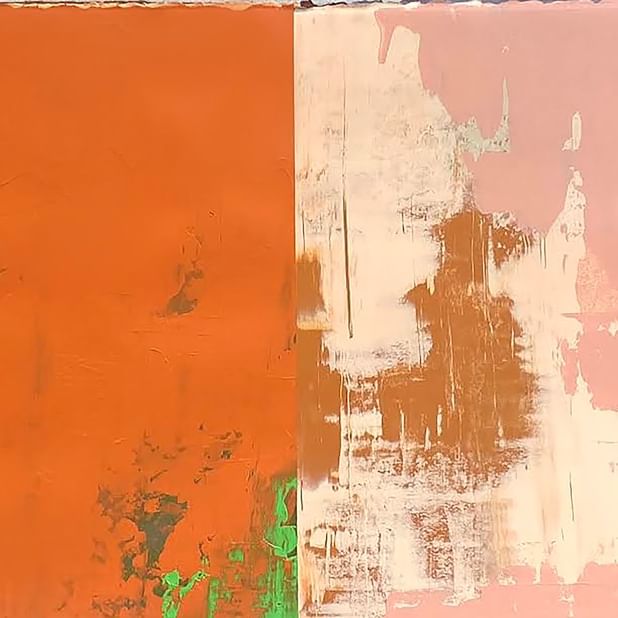 Abstract painting with orange and pink sections titled Dichotomies by Frank Campion.