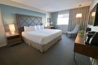 King bed with chair by window.