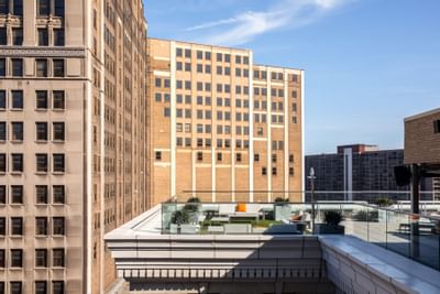 Wide shot of the Azure Rooftop Lounge, with Cleveland skyline