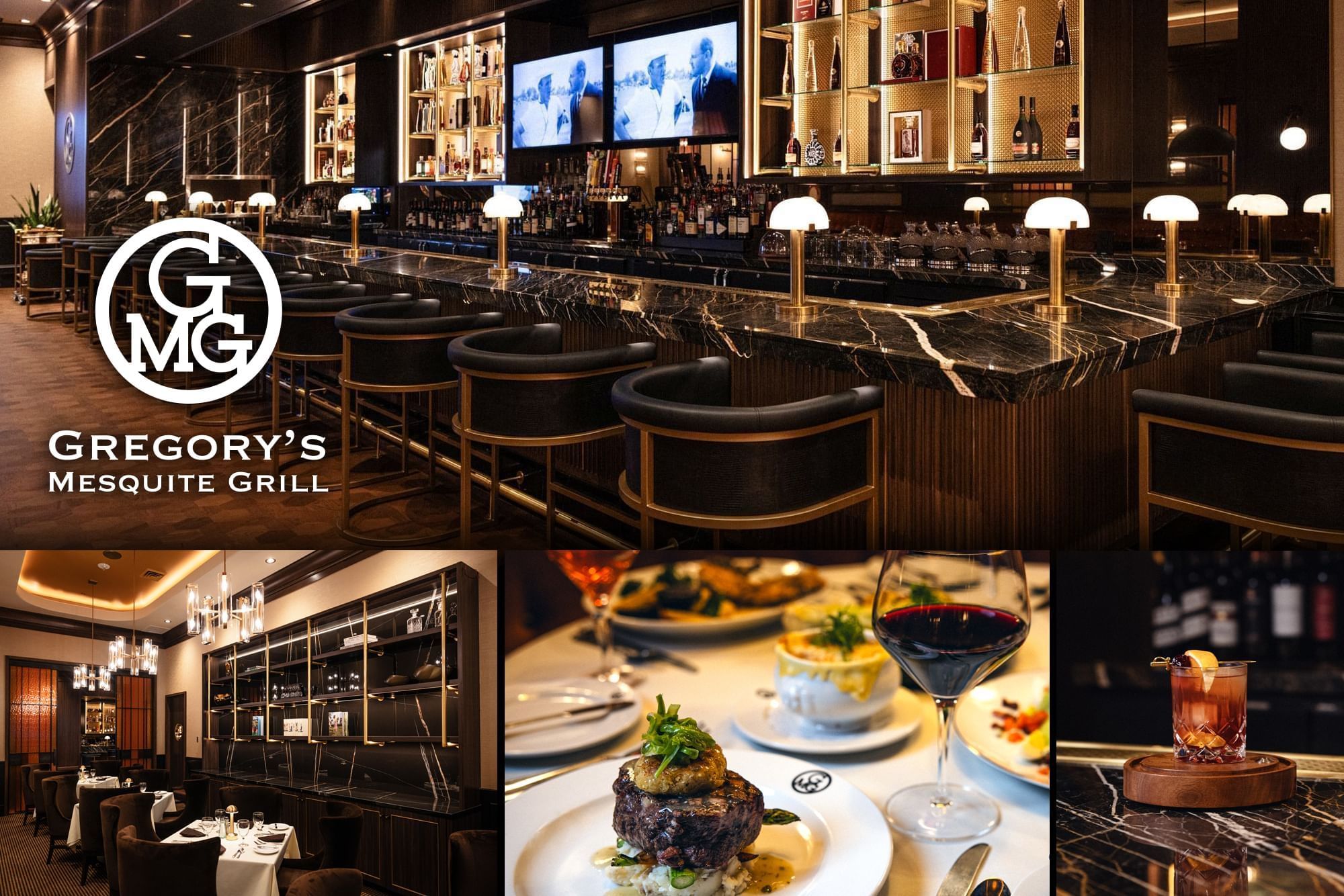 Gregory\'s Mesquite Grill promo banner showing luxury bar seating, steakhouse dining, and cocktails at Eureka Casino Resort