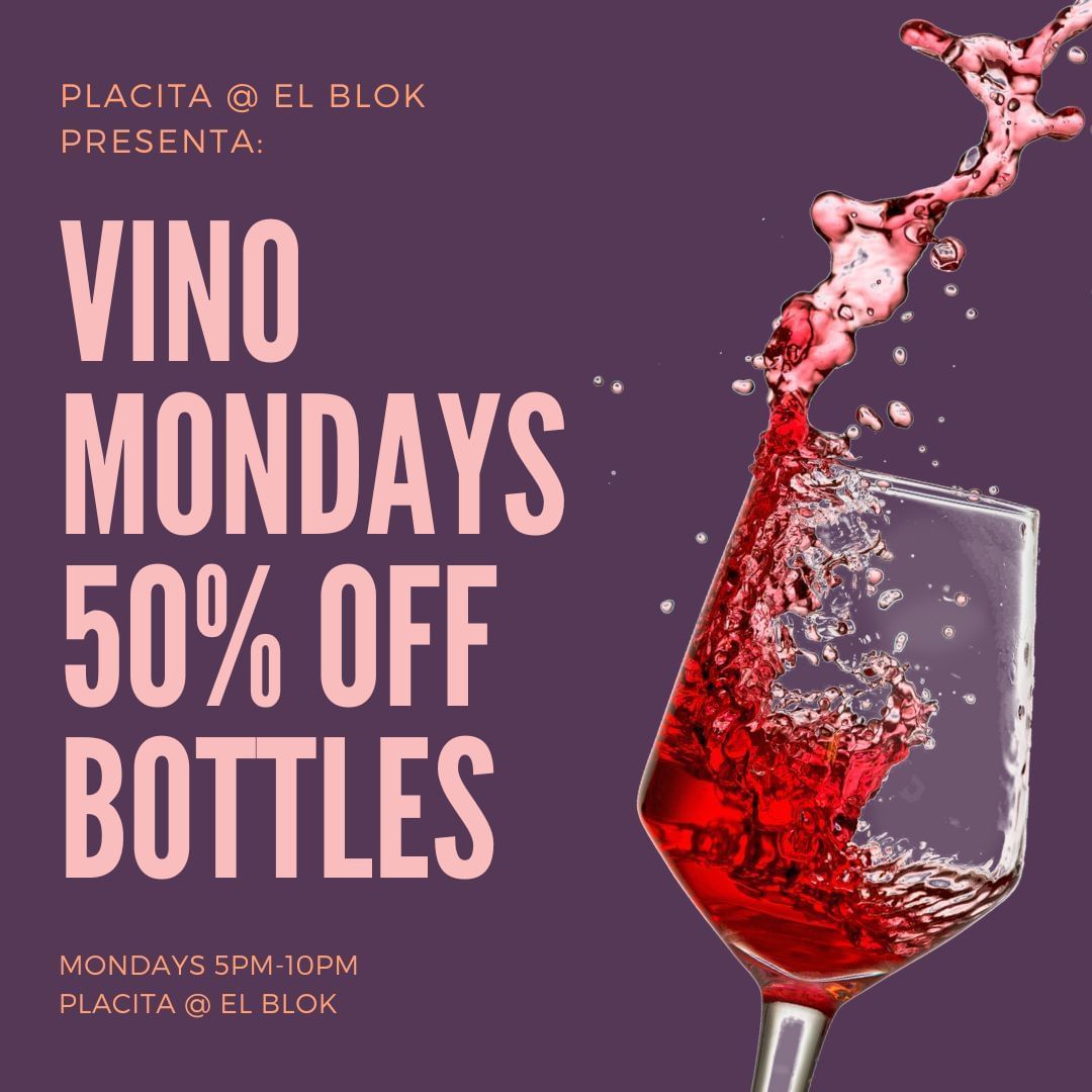 Red wine splashing from a tilted glass advertising Vino Mondays with 50% off bottles at El Blok.