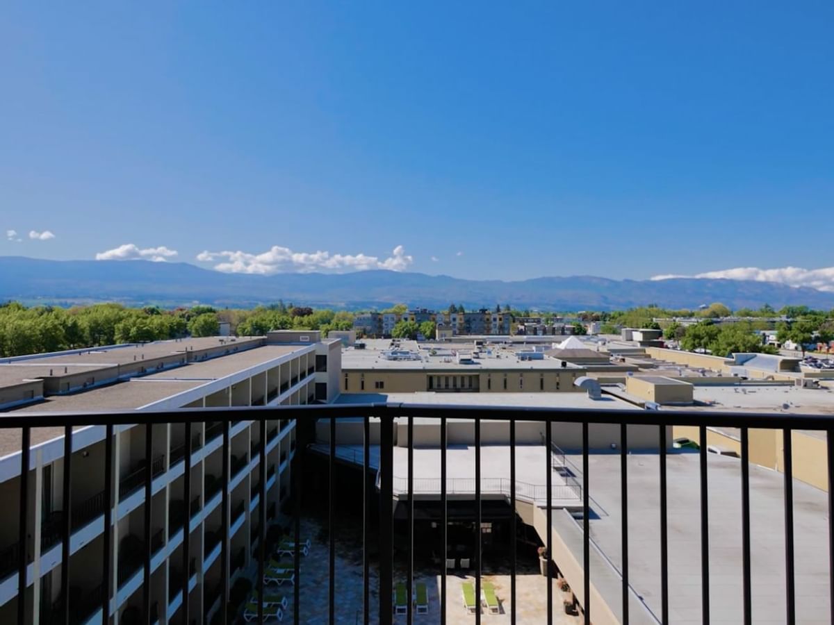 Balcony with view of hotel and pool