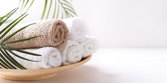 Rolled white spa towels stacked in a wooden bowl under a tropical palm leaf decoration at Oregon Garden Resort