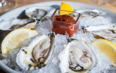 Shucked oysters with cocktail sauce