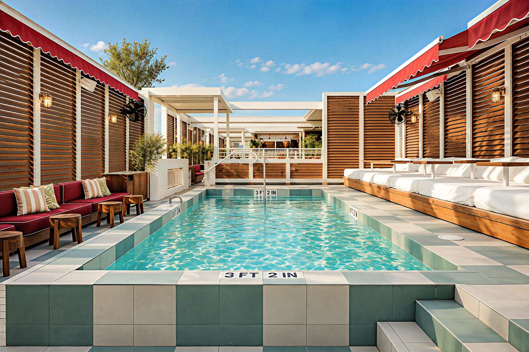 A swimming pool with a small depth, surrounded by lounge furniture and wooden structures.