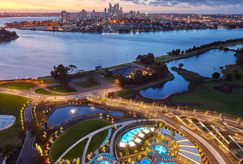 Aerial view of outdoor pool & beach at Crown Towers Perth