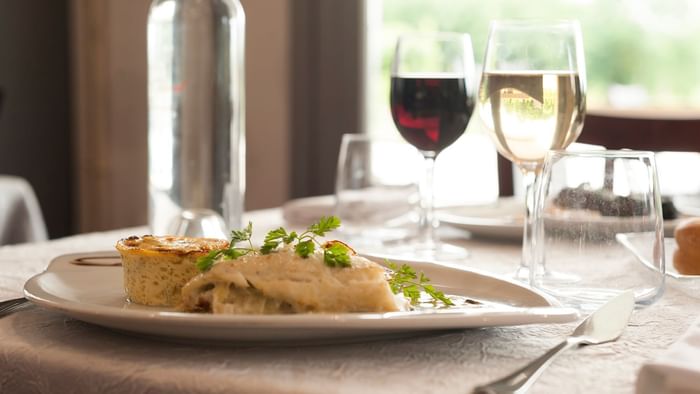 Elegant dish closeup with cutleries at Hotel La Terrasse