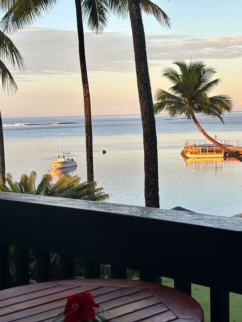 Balcony with ocean view and tropical setting at Warwick Fiji in Korolevu.