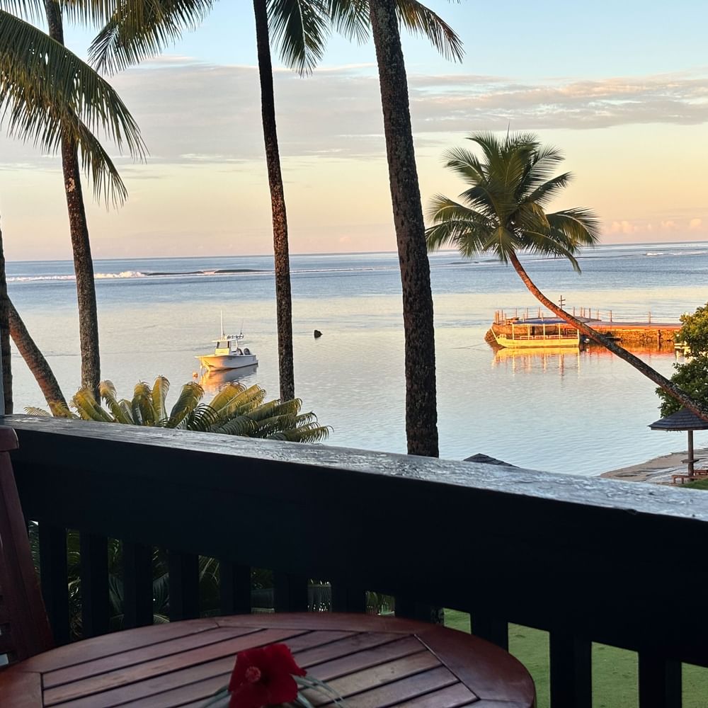 Balcony with ocean view and tropical setting at Warwick Fiji in Korolevu.