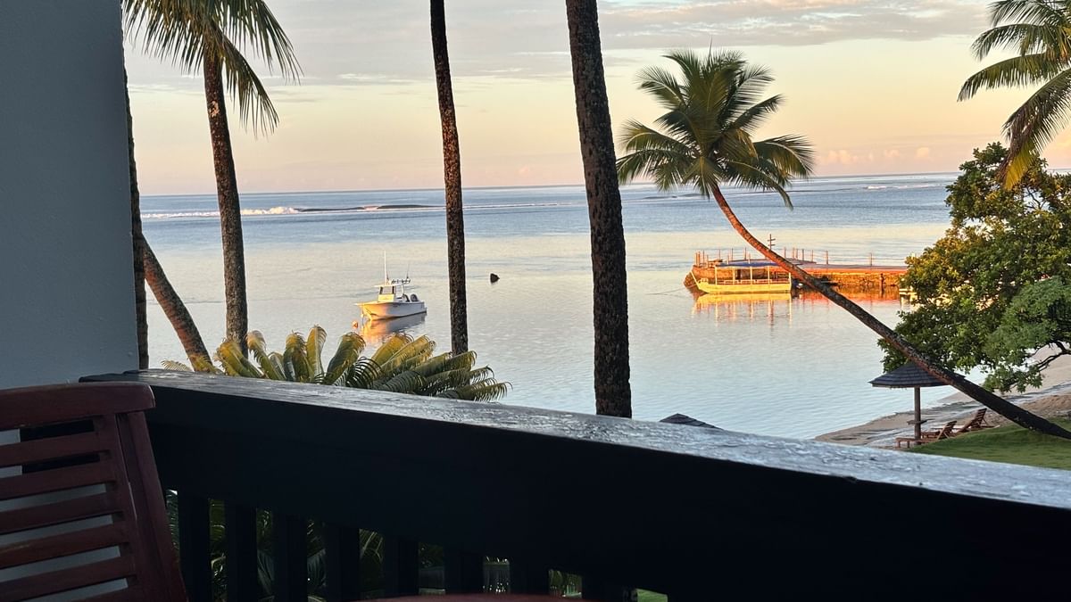 Balcony with ocean view and tropical setting at Warwick Fiji in Korolevu.