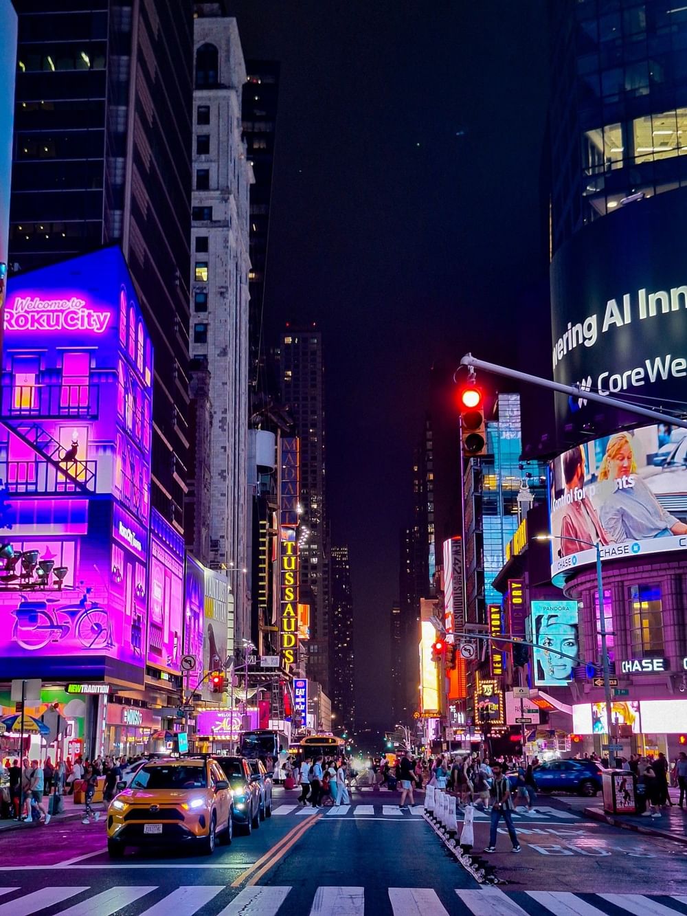 Neon lights and vibrant night life in the heart of Times Square near Warwick New York