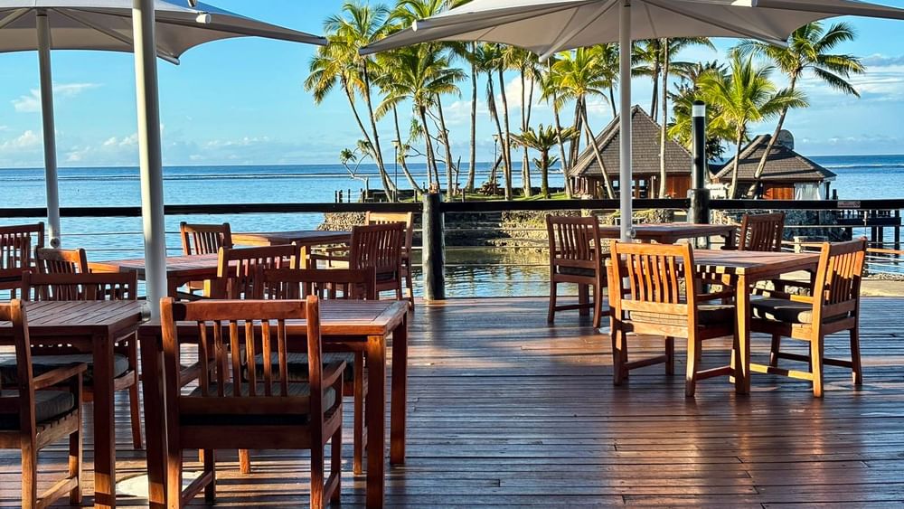 Grill & Pool Bar wooden deck with ocean view at Warwick Fiji Resort and Spa, Korolevu.