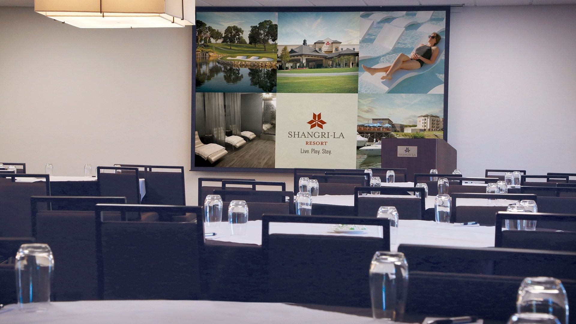 Holderman Ballroom setup with a promotional display for Shangri-La Monkey Island