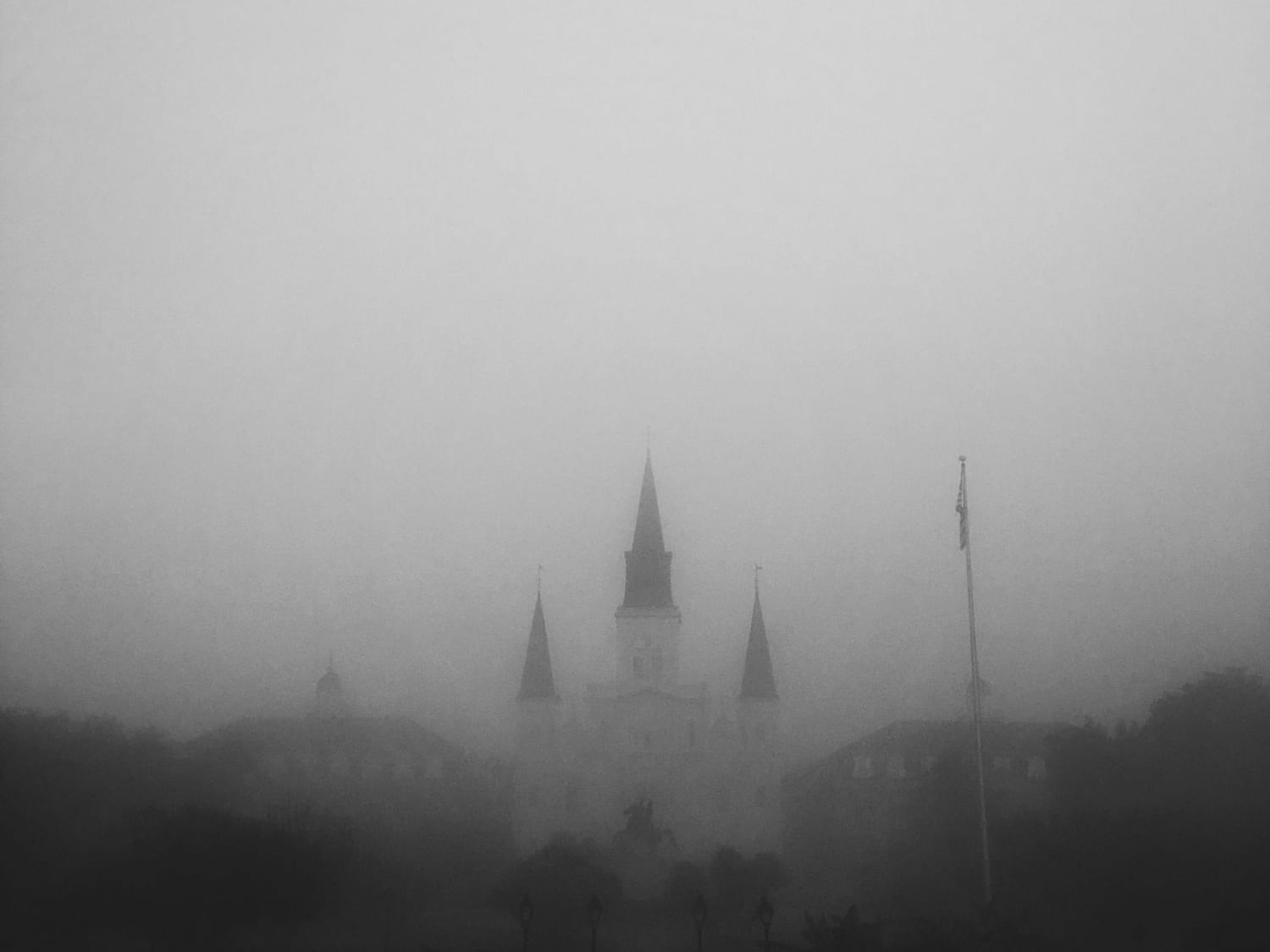 View of misty St. Louis Cathedral near Hotel St. Pierre