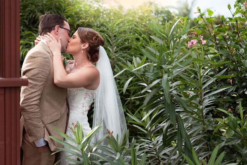 Wedded couple kissing among lush green foliage at Bay Gardens Hotels and Resorts