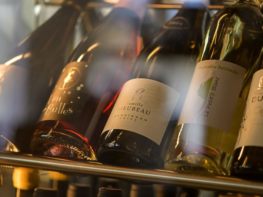 Plusieurs bouteilles de vin sont alignées sur une étagère à Hôtel Rivella.