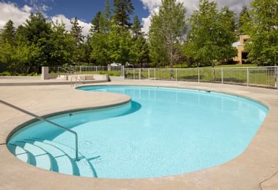 Clear pool with handrail, surrounded by trees and grass, with a building in the background.