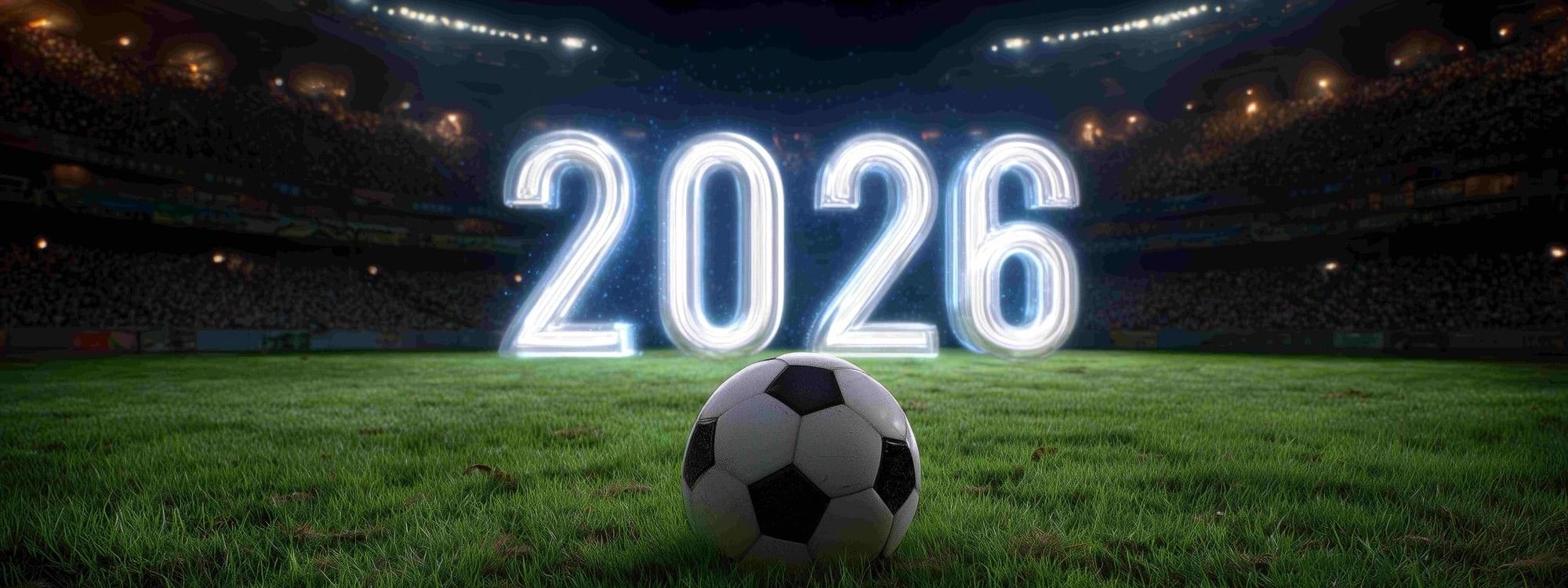 Soccer ball on a field with a glowing 2026 sign in the background.