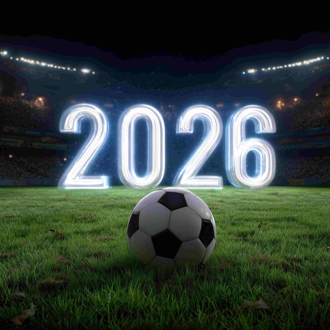 Soccer ball on a field with a glowing 2026 sign in the background.