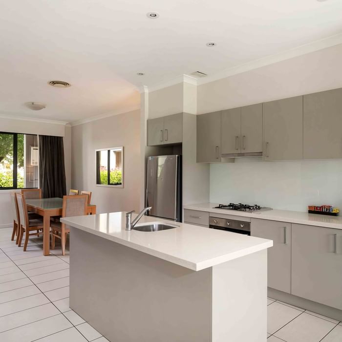 kitchen and dining room in a large two bedroom apartment