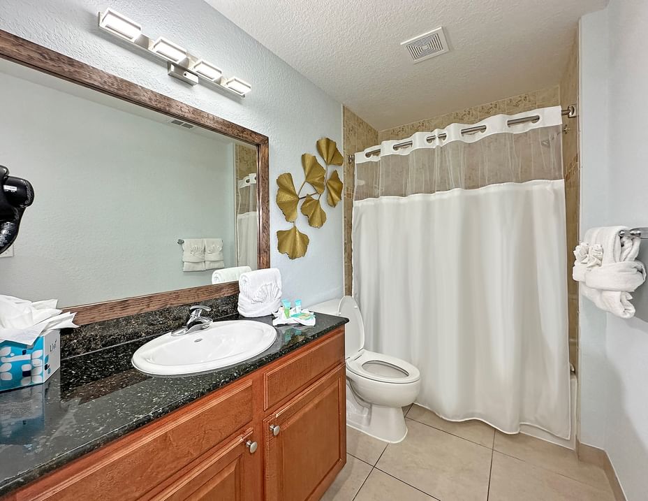 A clean and well-appointed bathroom with a large mirror, granite countertop, and shower curtain.
