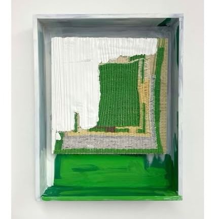 Contemporary artwork featuring green and white hemp cord woven on painted wood panel in frame at Verdue Art Exhibition