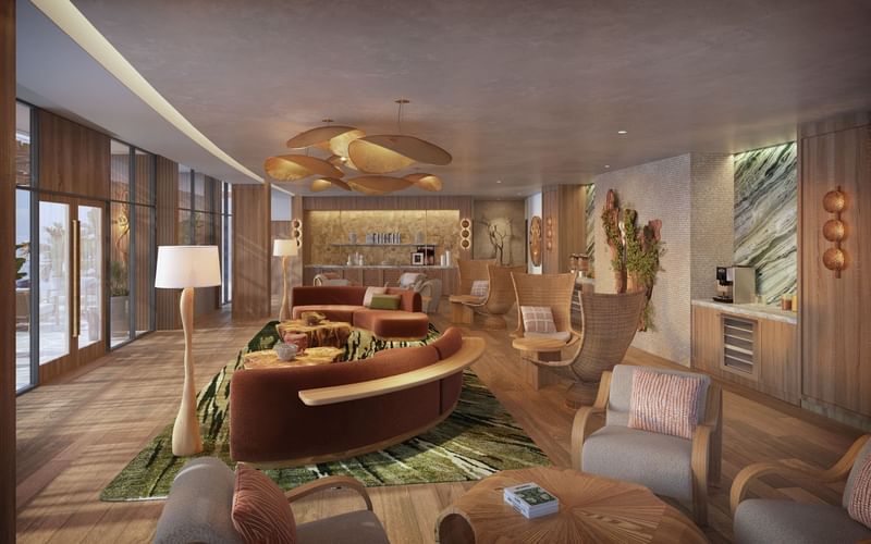Renderings of Las Olas Membership Club featuring curved sofas and unique organic light fixtures at El Conquistador Resort