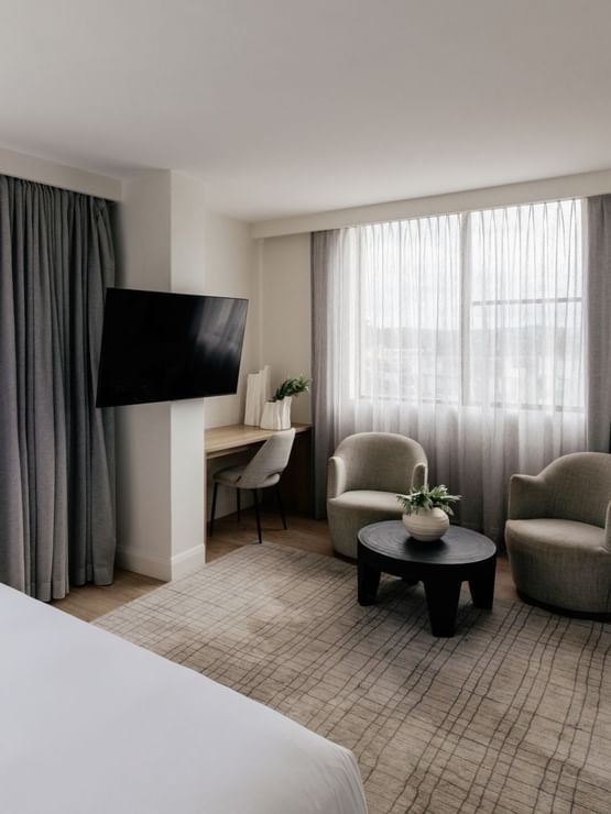 Sunset Junior Suite at Elysium Manly with grey armchairs by a black coffee table under sheer curtains near a wall-mounted TV