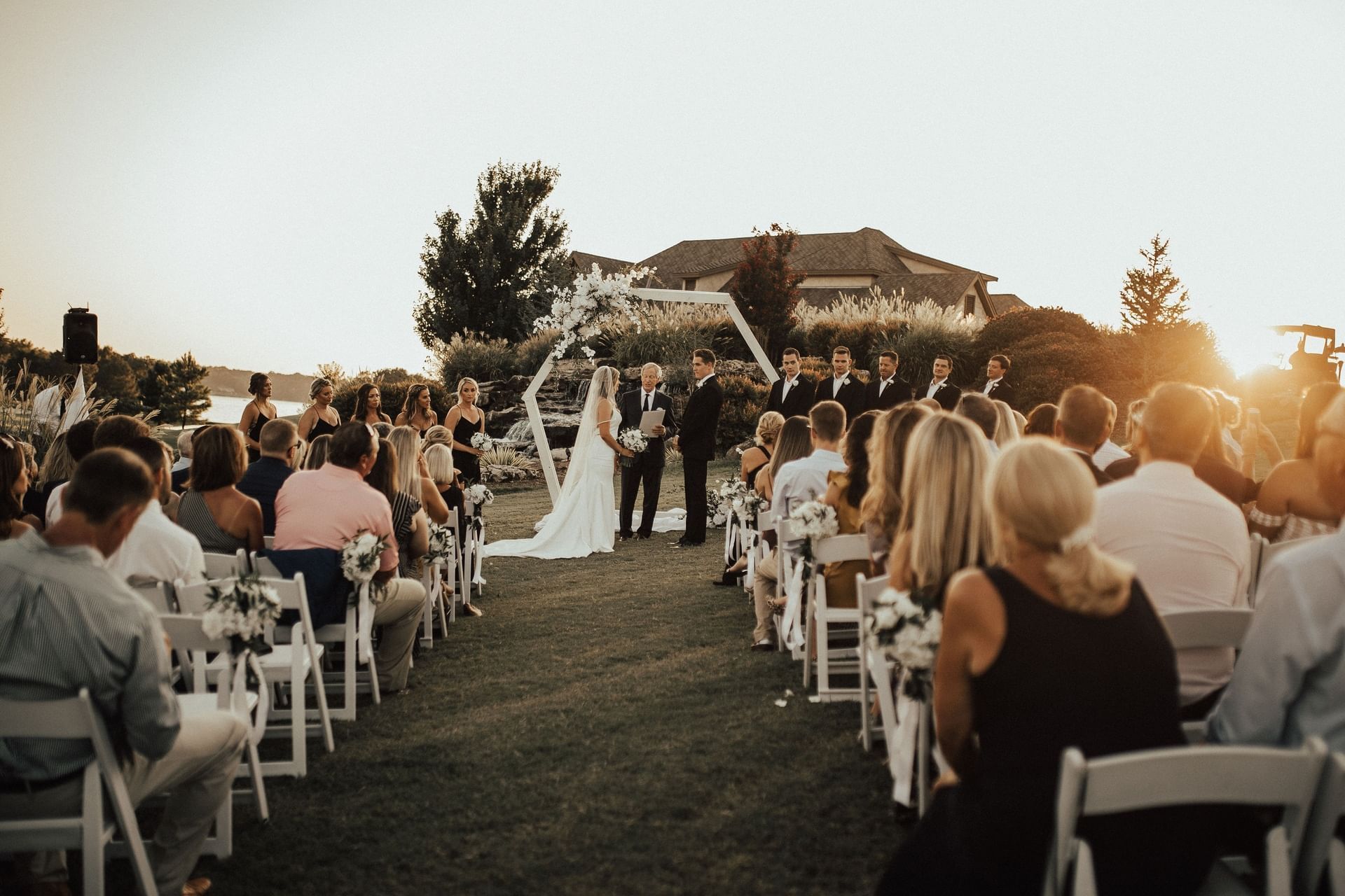 Wedding ceremony held outdoors at Shangri-La Monkey Island