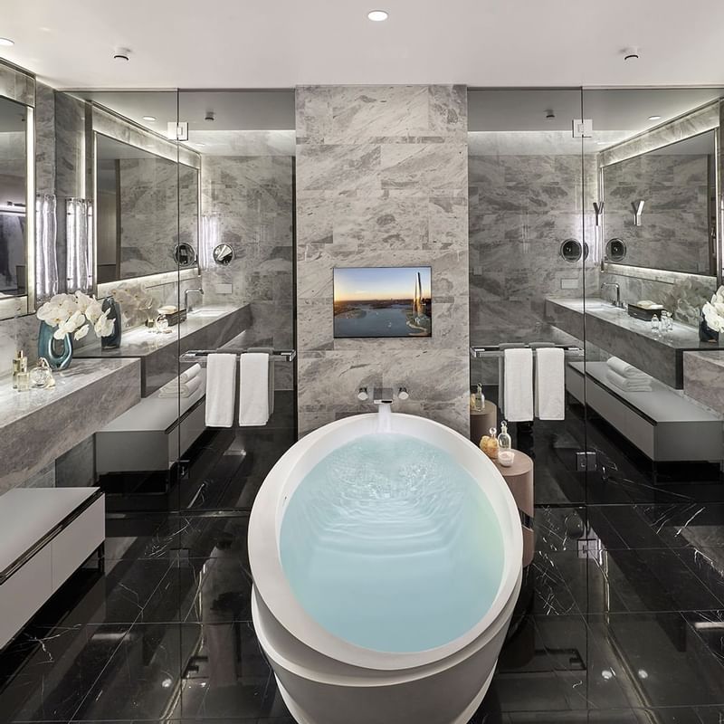 The bathroom in Harbour Bridge Studio at Crown Sydney