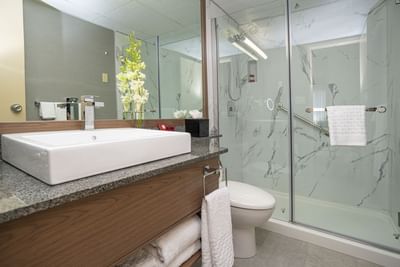 Modern sink and shower in hotel bathroom