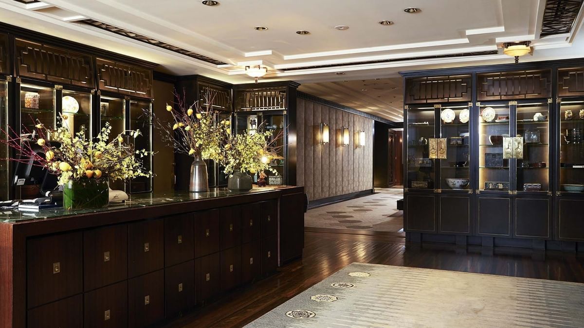 Interior with ornate vases in Silks Restaurant at Crown Hotel Melbourne