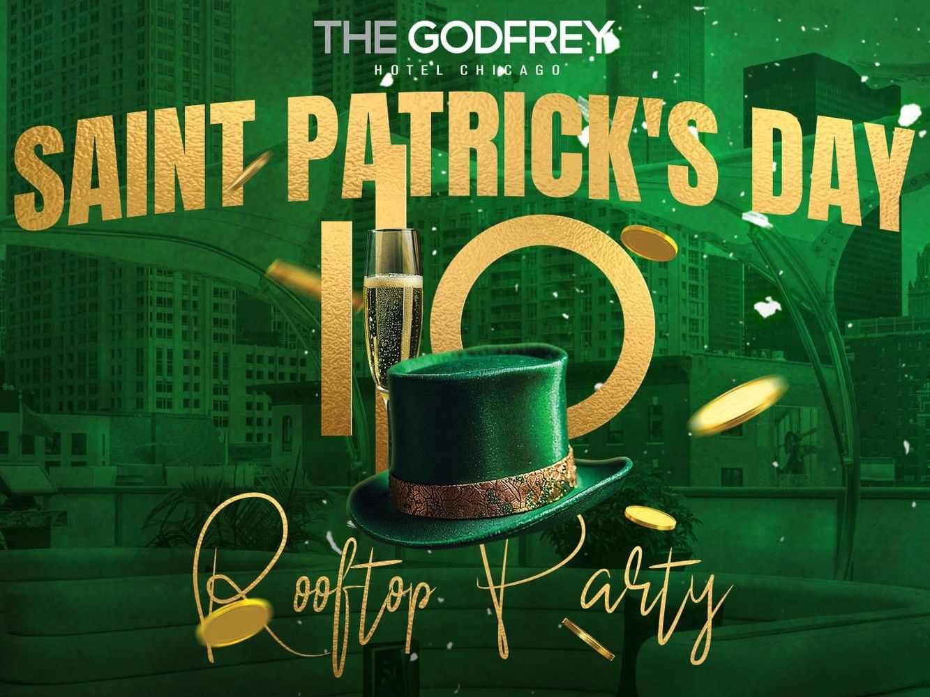Green Saint Patrick's Day rooftop party poster with gold text and green hat at The Godfrey Hotel Chicago.