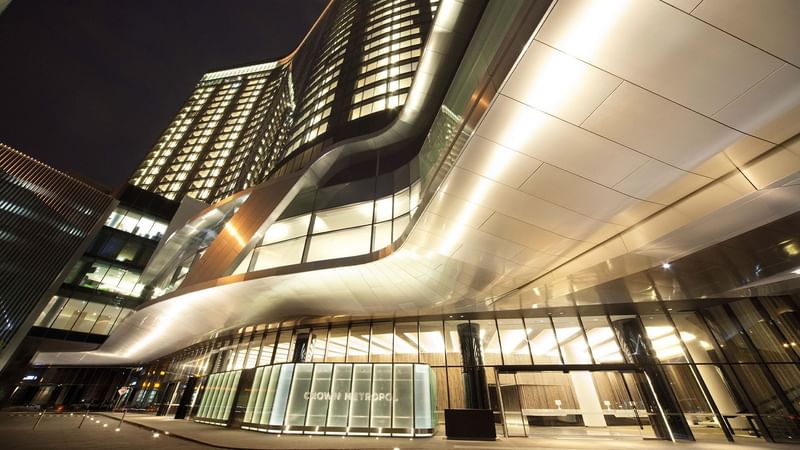 Exterior low angle view of Crown Metropol Melbourne at night
