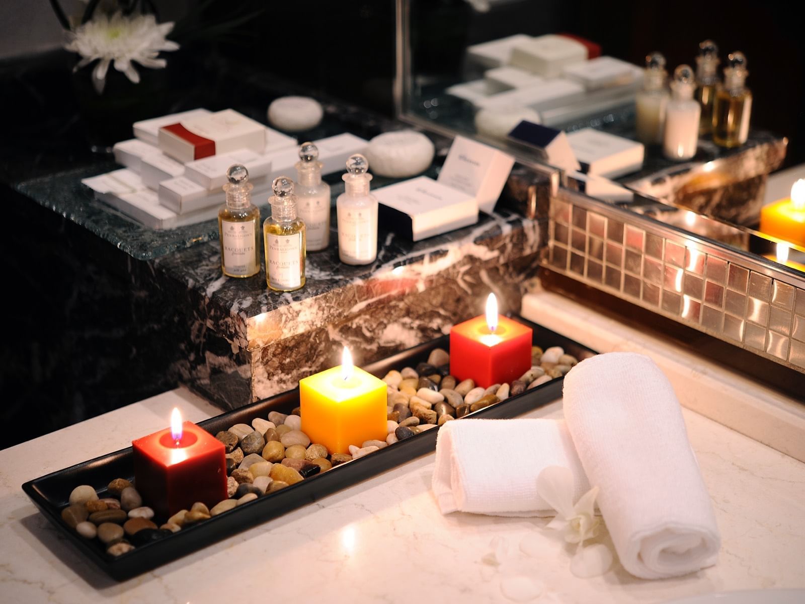 Bathroom close-up candles at Junior Suite at Al Hamra Palace by Warwick