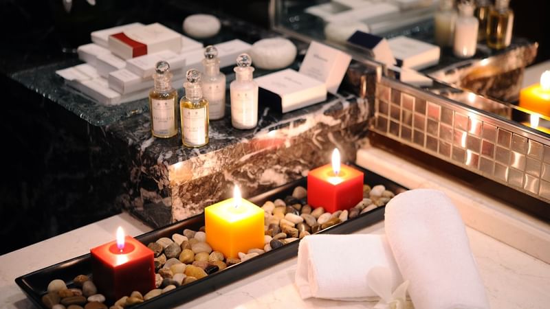 Bathroom close-up candles at Junior Suite at Al Hamra Palace by Warwick